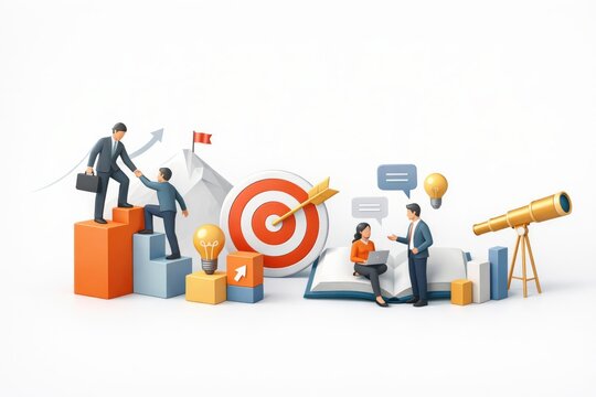 Strategic growth collaboration, goal setting visualization, teamwork dynamics, and innovative leadership highlighted in a motivational business environment