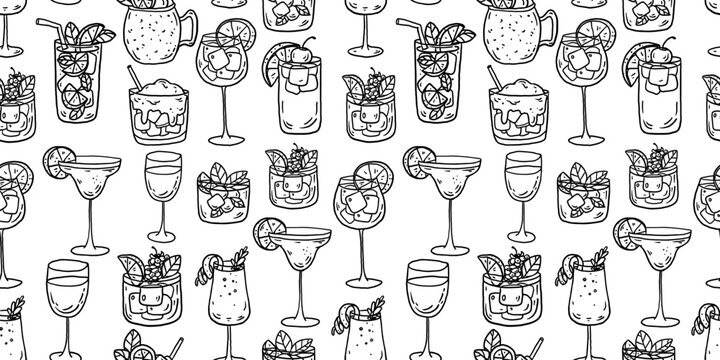 Hand drawn cocktail seamless pattern. Whimsical drinks doodles. Hand drawn vector illustration for menu, packaging design. Cocktails quirky icons, simple sketch style.