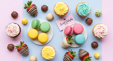 Obraz premium Assortment of Delicious Desserts: Chocolate Strawberries, Macarons, Cupcakes, and Truffles