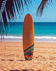 Surfboard standing upright in tropical beach sand