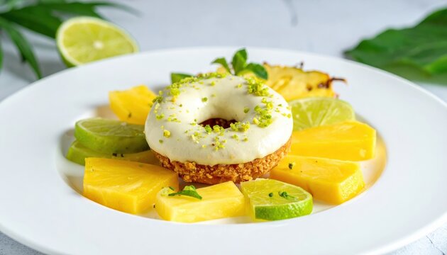 A decadent key lime pie doughnut adorned with graham cracker crust and fresh lime zest, presented elegantly with pineapple and lime slices on a white plate.