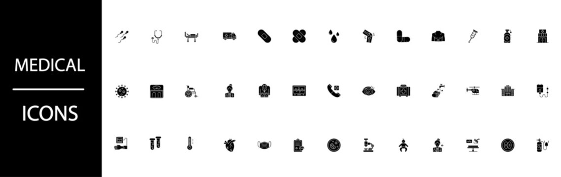 Comprehensive black and white collection of diverse medical icons representing essential healthcare tools treatment procedures and emergency services for professional interface design needs