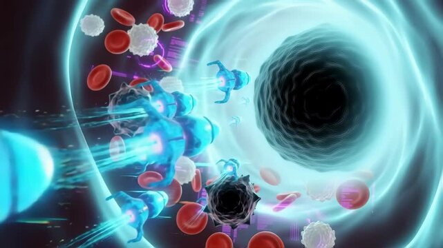 Colorful digital illustration of immune cells attacking pathogens  