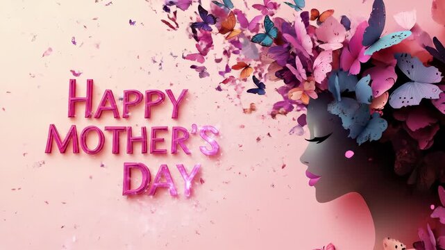 Happy Mother's Day, elegant woman silhouette with colorful butterflies, beautiful feminine beauty, blooming spring celebration, maternal love, appreciation, festive pink background