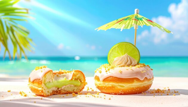 Key Lime Pie Doughnut with Tangy Lime Glaze and Graham Cracker Crust on a Sunny Beach