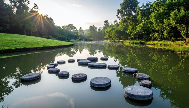 Stepping stones arranged in a Fibonacci sequence across a tranquil pond in a serene garden at sunrise