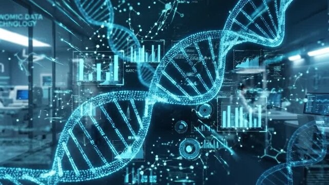 DNA strand genomic data technology digital interface laboratory science research bioinformatics precision medicine medical healthcare data analysis visualization molecular biology genetic code double