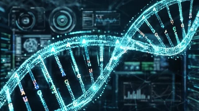 DNA strand genomic data analysis digital genome molecular structure genetic code biotechnology science technology futuristic interface data visualization scientific research bioinformatics innovation