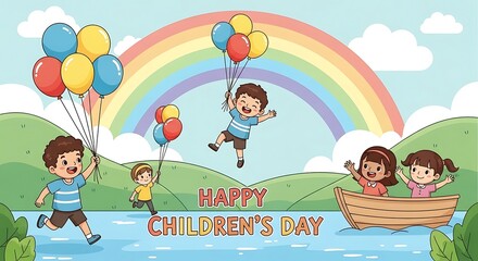 Fototapeta premium Joyful cartoon children celebrating Children's Day, playing with balloons in a vibrant outdoor landscape with a rainbow.