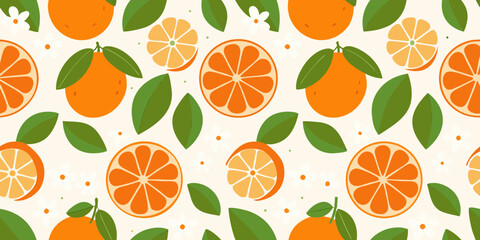 Seamless pattern of vibrant oranges slices and lush green leaves