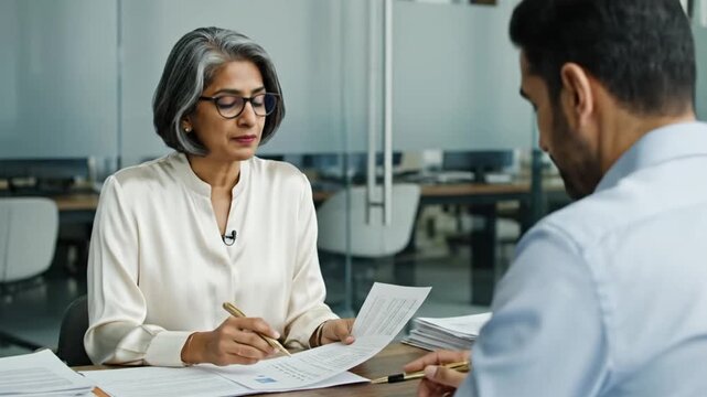 Experienced professional woman in business attire calmly reviews important documents across a wooden table while engaging in a serious discussion with a younger male colleague.