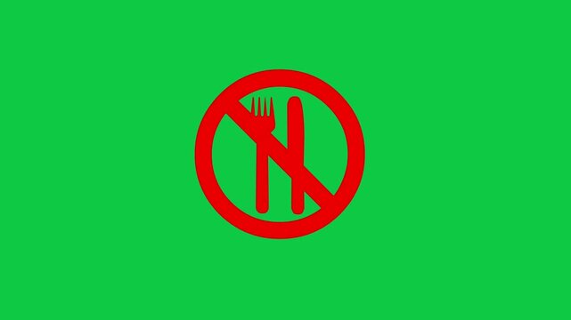 No Eating Prohibited Sign Animation, Red Cutlery Symbol, Green Screen Chroma Key Background.