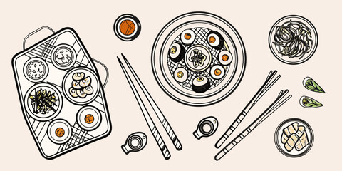 Overhead view of a japanese style meal with sushi sides and chopsticks © Sunil123