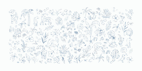 Whimsical blue line drawing of safari animals and tropical foliage © Sunil123