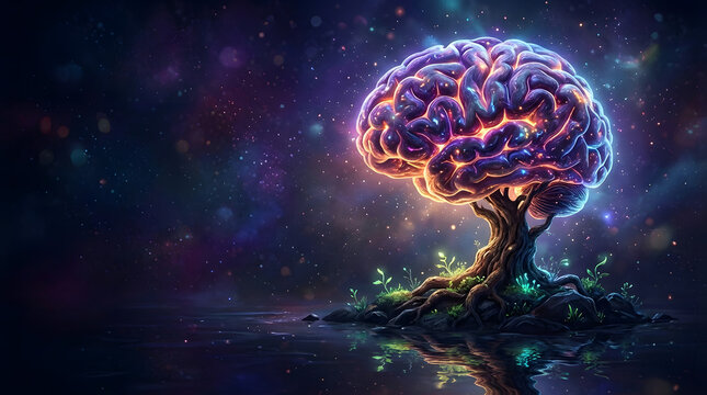 Vibrant brain tree glowing with neon colors in space