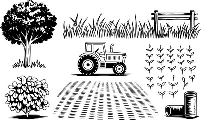 Black and White Farm Including Tractor Tree Grass Fence Seedlings and Field agriculture © Shoriful