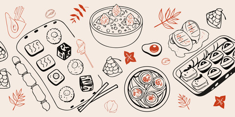 A collection of hand drawn sushi and accompanying elements on a beige background © Sunil123