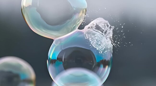 Spectacular macro image of bursting iridescent soap bubbles creating a splash of water