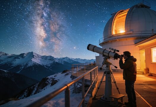 Telescope at mountain observatory with person looking at starry night sky