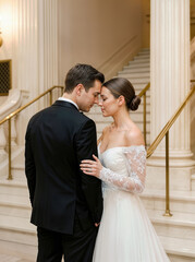 Fototapeta premium Couple shares a moment together on wedding day at elegant venue