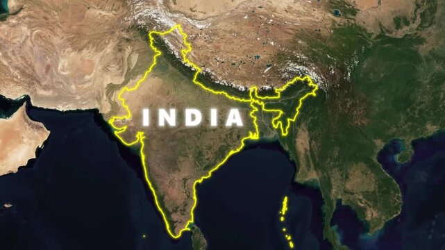 India political map with glowing yellow border outline, satellite terrain view for news broadcasting and geographical info.