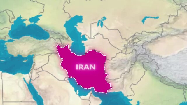 Animated Iran map with pink highlighted territory and blue sea, clear political borders for middle east geography videos.