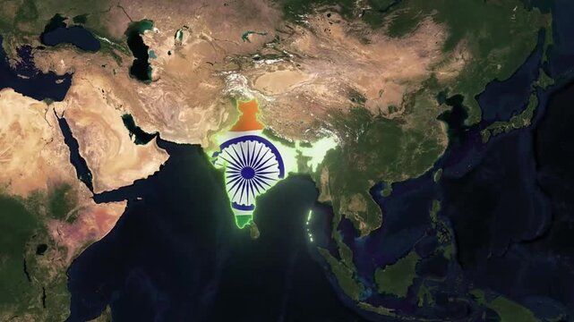 Animated India map with Indian tricolor flag texture, glowing national border for patriotic and educational video projects.
