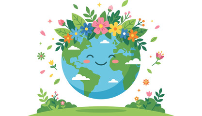 Cute smiling planet earth globe wearing a beautiful colorful flower crown floating above a green meadow with blooming spring flowers for happy ecology and nature conservation.