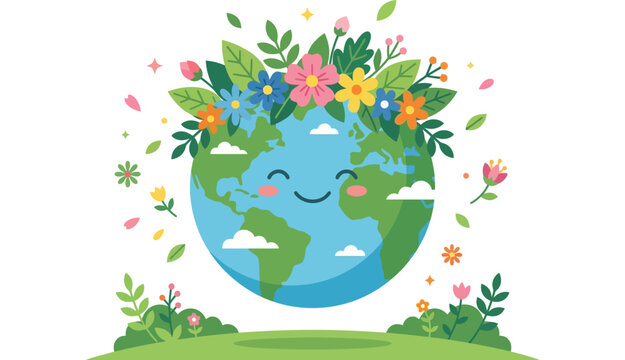 Cute smiling planet earth globe wearing a beautiful colorful flower crown floating above a green meadow with blooming spring flowers for happy ecology and nature conservation.