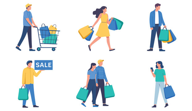 Shopping People Characters Buyer Customer Retail Store Market Consumer Bag Purchase Lifestyle Mall Crowd Illustration Isolated White Background