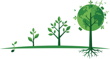 Obraz premium Green tree growth stages from small seed to large mature plant with an earth globe canopy featuring renewable wind energy and solar panels symbolizing global sustainability.