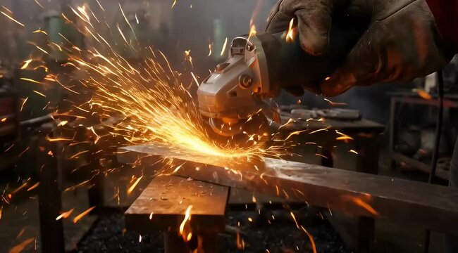 Angle grinder cutting metal bar in industrial setting with flying sparks