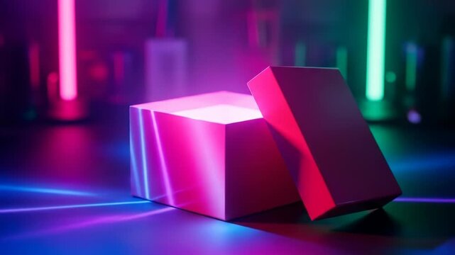 A 3D rendering of two metallic cubes with neon lights reflecting on their surfaces