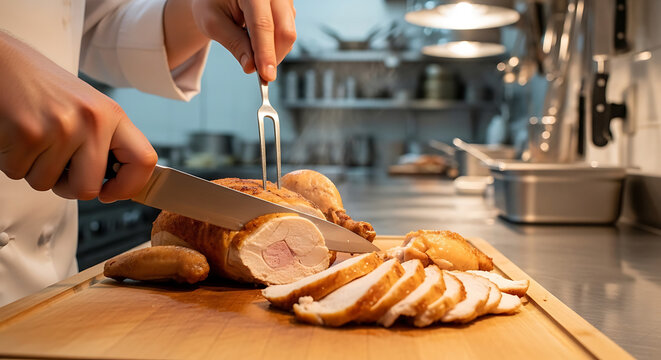 Chef Carving Roasted Whole Chicken on Wooden Board in Professional Kitchen