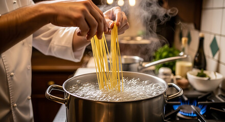 Chef cooking pasta in boiling water, steam rising from pot on gas stove