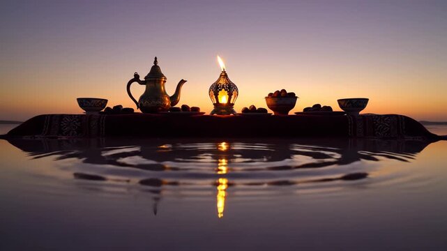 A cinematic ramadan iftar table with a glowing oil lamp reflects perfectly on a still desert salt lake at twilight, disturbed by a single ripple.