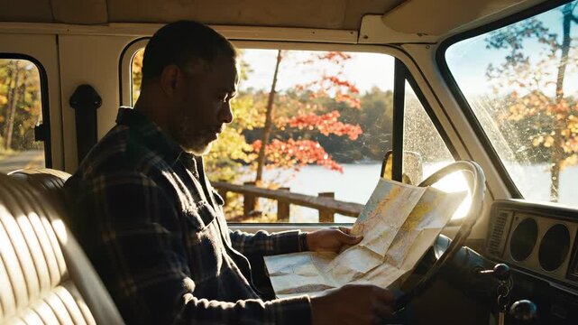 Man reads map inside van during autumn travel with lake view. Traveler studies map in vehicle near autumn lake. Man navigates with map in van. Driver plans travel route during autumn trip in van.