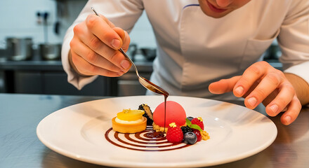 Chef decorating gourmet dessert with chocolate sauce and fresh berries on white plate