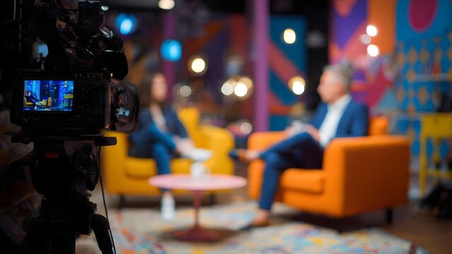 A professional broadcast camera films a talk show interview in a vibrant modern studio featuring colorful decor bright orange armchairs and soft cinematic background bokeh.