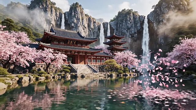 Tranquil Japanese Temple Garden Framed by Pink Cherry Blossom Trees and a Reflective Pond