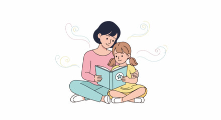 Fototapeta premium Loving Mother and Daughter Reading Book Together, Sharing Stories and Learning in a Cozy, Educational Moment of Childhood Bonding and Family Time