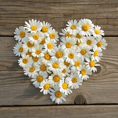 Obraz premium A beautiful heart shape lovingly arranged from many fresh white daisies on a rustic wooden background