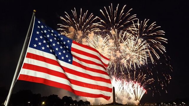 Celebrating Independence Day - Fireworks and the American Flag.