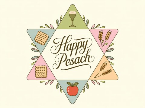 Happy pesach jewish holiday greeting with star shape and traditional symbols