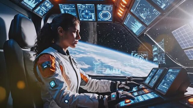 Female space explorer skillfully maneuvers spacecraft through cosmic surroundings, Woman astronaut precisely operates spacecraft systems while navigating through luminous starfilled universe.1