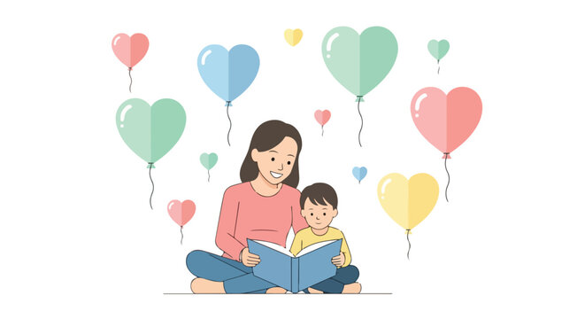 Mother and son reading a book together surrounded by colorful heart-shaped balloons, symbolizing love and education.