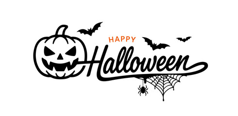 Happy Halloween typography logo featuring large pumpkin icon, spider web and bats, Perfect for October event branding, festive retail packaging, spooky social media marketing, and party invitations © AFRAN STUDIO