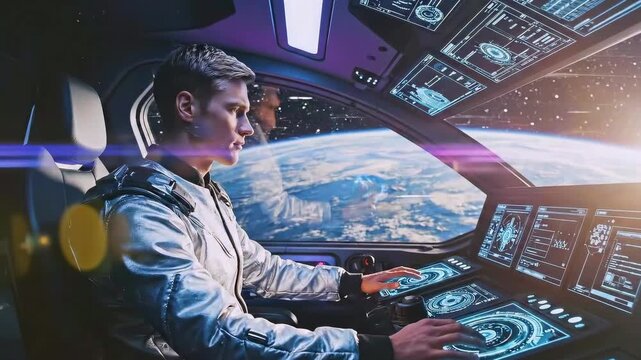 Spacecraft navigator uses displays for control, Captain steers vessel with hightech instruments in space, Spacecraft commander handles navigation using sophisticated digital interfaces and screens