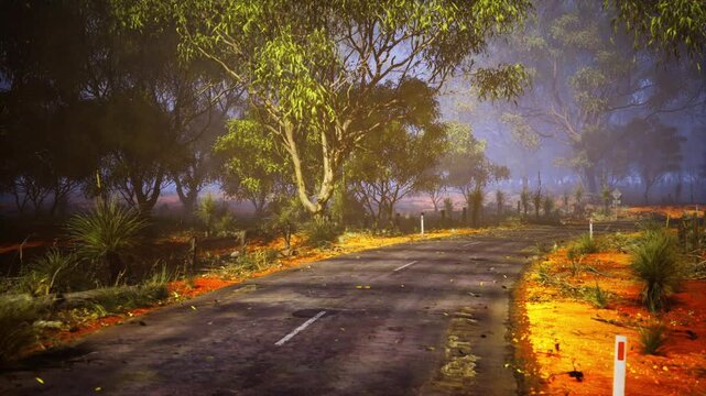 Sunlit country lane framed by foliage and warm roadside colors, clear sky tones and textured verge offering lively scenic drive imagery and seasonal travel mood