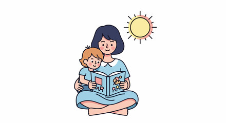 Naklejka premium Mother reading a book to her child under the sun, illustration of family bonding and childhood education